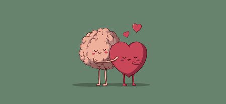 Brain and heart characters are hugging, symbolizing mental and emotional balance with care. Gentle cartoon brain and heart hugging, showing mental healthのイラスト素材