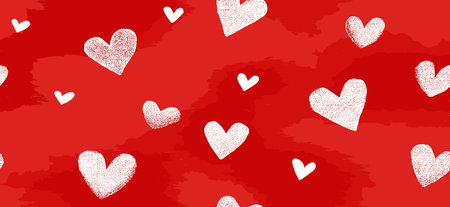 White outline and filled hearts scattering on a red watercolor textured surface. Hand drawn white...