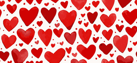 White outline and filled hearts scattering on a red watercolor textured surface. Hand drawn white...