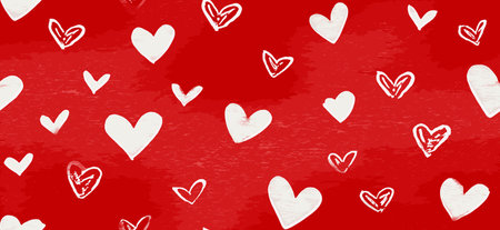 White outline and filled hearts scattering on a red watercolor textured surface. Hand drawn white...