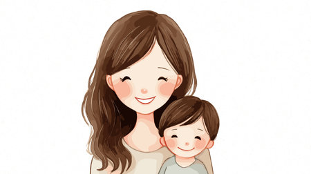 Watercolor illustration depicting a mother embracing her happy child with warmth and care. Mother and child smiling showing love and connectionのイラスト素材