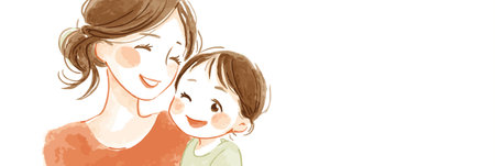 Watercolor illustration depicting a mother embracing her happy child with warmth and care. Mother and child smiling showing love and connectionのイラスト素材