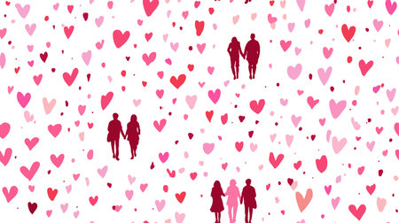 Pink hand-drawn hearts forming a seamless pattern on a white background. Pink heart pattern creating...