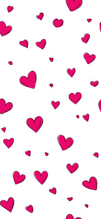 Pink hand-drawn hearts forming a seamless pattern on a white background. Pink heart pattern creating...