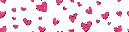 Pink hand-drawn hearts forming a seamless pattern on a white background. Pink heart pattern creating...
