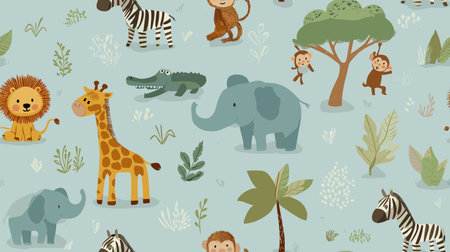 Safari animals pattern with giraffes, elephants, and lions on a light blue background. Cute cartoon jungle animals seamless patternのイラスト素材
