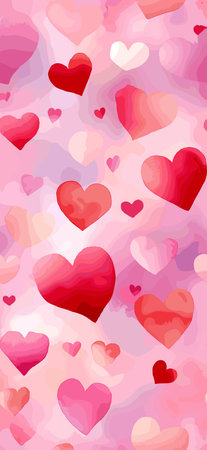 Watercolor hearts creating a seamless pattern in shades of pink and red on a white background....