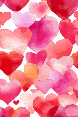 Watercolor hearts creating a seamless pattern in shades of pink and red on a white background....