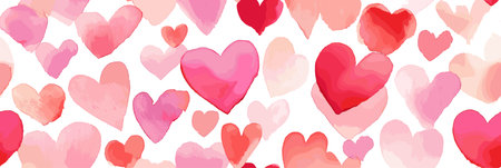 Watercolor hearts creating a seamless pattern in shades of pink and red on a white background. Seamless watercolor heart pattern for Valentine's Day loveのイラスト素材