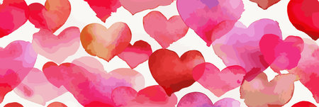 Watercolor hearts creating a seamless pattern in shades of pink and red on a white background....