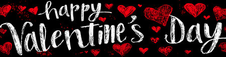White handwritten Happy Valentines Day text surrounded by red hearts on a black background. Happy Valentines Day greeting text with red heartsのイラスト素材