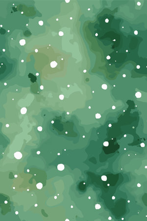 Watercolor green background featuring scattered white and light green polka dots pattern. Watercolor green background with scattered polka dots textureのイラスト素材