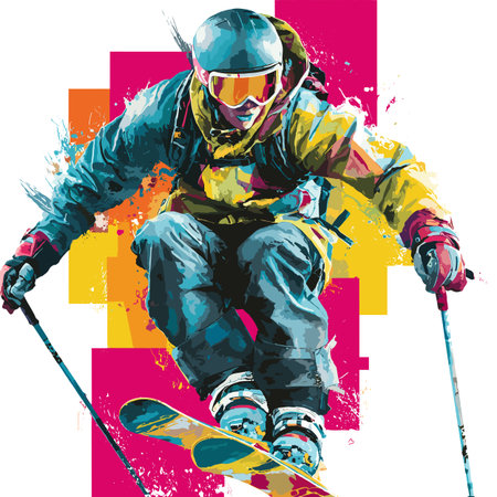 Freestyle skiing dynamic multicolor graphic wallpaper or banner. Freestyle skiing graphic art effect posterのイラスト素材