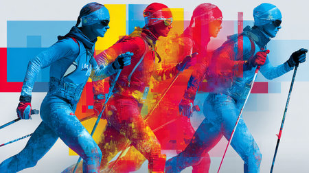 Cross-country skiing dynamic multicolor graphic wallpaper or banner. Cross-country skiing graphic art effect posterの写真素材