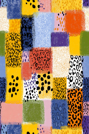 Seamless collage pattern featuring diverse animal print textures and abstract color blocks. Abstract...