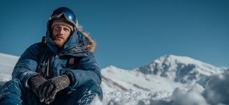 Man in winter gear sitting on snow looking at snowy mountains under clear sky. Adventurer man...