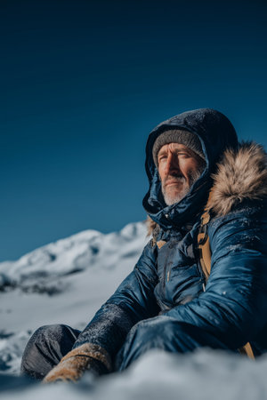Man in winter gear sitting on snow looking at snowy mountains under clear sky. Adventurer man...