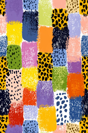 Seamless collage pattern featuring diverse animal print textures and abstract color blocks. Abstract...