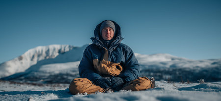 Man in winter gear sitting on snow looking at snowy mountains under clear sky. Adventurer man...