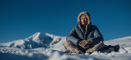 Man in winter gear sitting on snow looking at snowy mountains under clear sky. Adventurer man sitting on snow contemplating cold mountain landscapeの写真素材