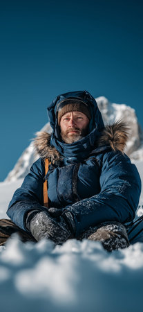 Man in winter gear sitting on snow looking at snowy mountains under clear sky. Adventurer man...