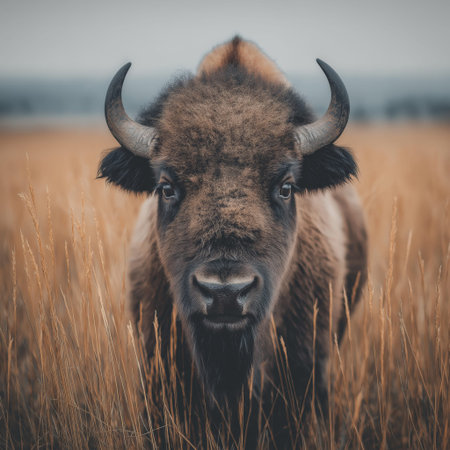 American bison standing in dry grass field, wildlife habitat concept. American bison standing in...