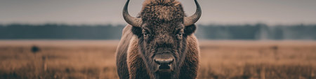 American bison standing in dry grass field, wildlife habitat concept. American bison standing in...