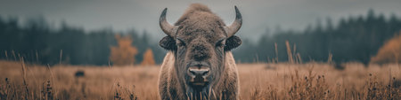 American bison standing in dry grass field, wildlife habitat concept. American bison standing in field looking forwardの写真素材