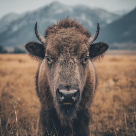 American bison standing in dry grass field, wildlife habitat concept. American bison standing in...