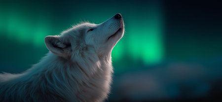 White arctic wolf howling, breath visible against the dramatic green northern lights. Arctic wolf...
