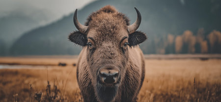 American bison standing in dry grass field, wildlife habitat concept. American bison standing in field looking forwardの写真素材