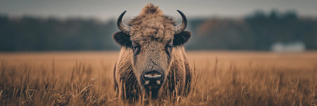 American bison standing in dry grass field, wildlife habitat concept. American bison standing in...