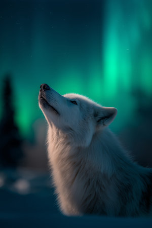 White arctic wolf howling, breath visible against the dramatic green northern lights. Arctic wolf...