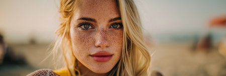 Young blonde woman with freckles posing on a sunny beach, offering a direct gaze. Blonde woman with...