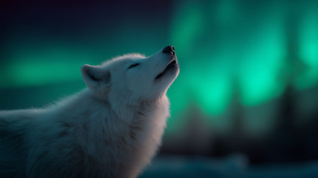 White arctic wolf howling, breath visible against the dramatic green northern lights. Arctic wolf...