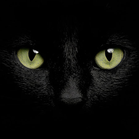 Black cat eyes glowing green from darkness, symbolizing mystery and vigilance. Black cat glowing...