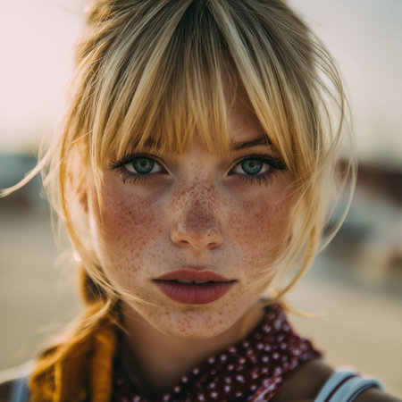 Young blonde woman with freckles posing on a sunny beach, offering a direct gaze. Blonde woman with...