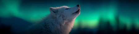 White arctic wolf howling, breath visible against the dramatic green northern lights. Arctic wolf...