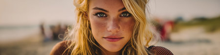 Young blonde woman with freckles posing on a sunny beach, offering a direct gaze. Blonde woman with freckles looking at camera on beachの写真素材