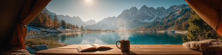 View from inside a tent, enjoying a steaming coffee and book by a clear lake and snowy mountains....