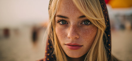 Young blonde woman with freckles posing on a sunny beach, offering a direct gaze. Blonde woman with...