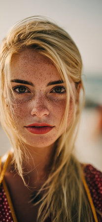 Young blonde woman with freckles posing on a sunny beach, offering a direct gaze. Blonde woman with freckles looking at camera on beachの写真素材