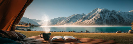 View from inside a tent, enjoying a steaming coffee and book by a clear lake and snowy mountains....