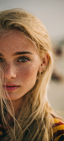 Young blonde woman with freckles posing on a sunny beach, offering a direct gaze. Blonde woman with freckles looking at camera on beachの写真素材