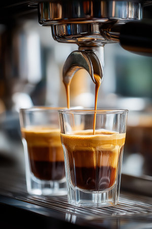 Espresso machine pouring fresh coffee with rich crema into two small glass cups. Espresso machine...