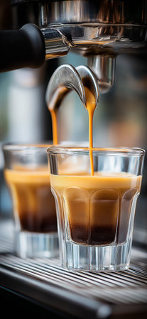 Espresso machine pouring fresh coffee with rich crema into two small glass cups. Espresso machine...