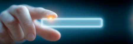 Finger pointing directly at a glowing search bar, interacting with a virtual data interface. Finger...