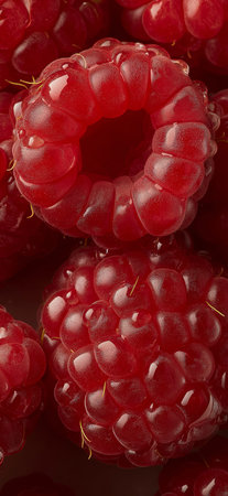 Fresh red raspberries with water drops, a close-up natural fruit background. Fresh bright red...