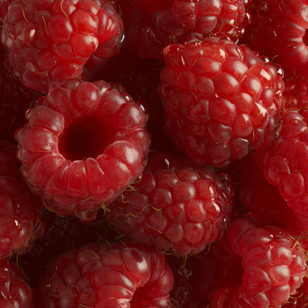 Fresh red raspberries with water drops, a close-up natural fruit background. Fresh bright red...