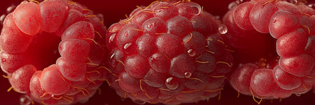 Fresh red raspberries with water drops, a close-up natural fruit background. Fresh bright red...